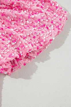 Sale Dear-Lover Sequin One Shoulder Puff Sleeve Bodycon Mini Dress Pink