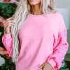 Clearance Dear-Lover Sequin Patchwork Long Sleeve Pullover Top Pink