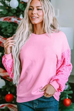Clearance Dear-Lover Sequin Patchwork Long Sleeve Pullover Top Pink
