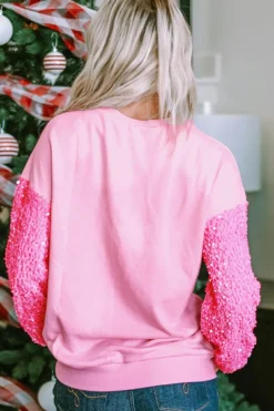 Clearance Dear-Lover Sequin Patchwork Long Sleeve Pullover Top Pink