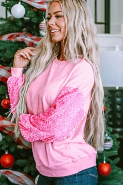 Clearance Dear-Lover Sequin Patchwork Long Sleeve Pullover Top Pink