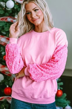 Clearance Dear-Lover Sequin Patchwork Long Sleeve Pullover Top Pink