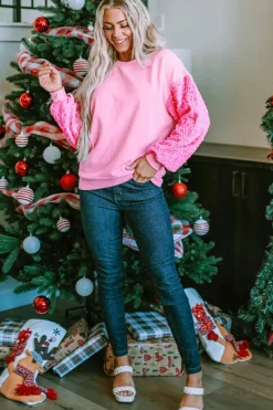 Clearance Dear-Lover Sequin Patchwork Long Sleeve Pullover Top Pink