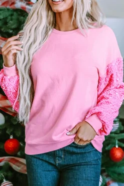 Clearance Dear-Lover Sequin Patchwork Long Sleeve Pullover Top Pink