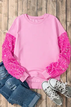 Clearance Dear-Lover Sequin Patchwork Long Sleeve Pullover Top Pink