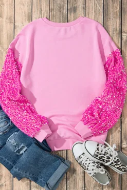 Clearance Dear-Lover Sequin Patchwork Long Sleeve Pullover Top Pink
