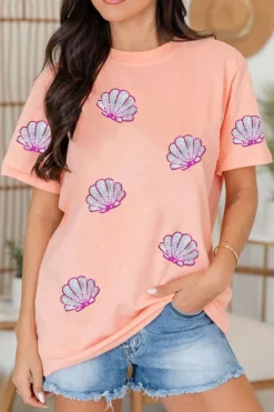 Online Dear-Lover Sequin Shell Graphic Round Neck T Shirt Pink