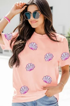 Online Dear-Lover Sequin Shell Graphic Round Neck T Shirt Pink