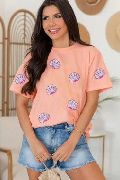 Online Dear-Lover Sequin Shell Graphic Round Neck T Shirt Pink