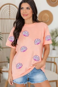 Online Dear-Lover Sequin Shell Graphic Round Neck T Shirt Pink
