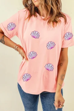 Online Dear-Lover Sequin Shell Graphic Round Neck T Shirt Pink