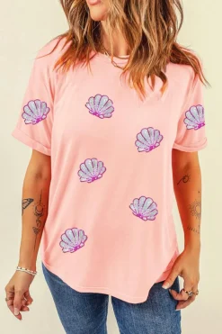 Online Dear-Lover Sequin Shell Graphic Round Neck T Shirt Pink