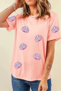 Online Dear-Lover Sequin Shell Graphic Round Neck T Shirt Pink