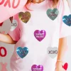 Hot Dear-Lover Sequin Valentines Lettering Heart Patched Crewneck T Shirt Pink