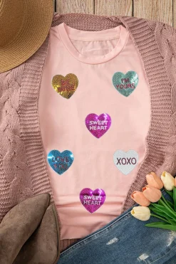 Hot Dear-Lover Sequin Valentines Lettering Heart Patched Crewneck T Shirt Pink