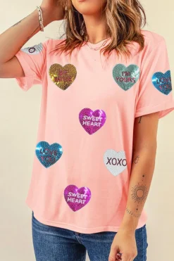Hot Dear-Lover Sequin Valentines Lettering Heart Patched Crewneck T Shirt Pink