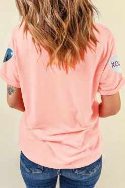 Hot Dear-Lover Sequin Valentines Lettering Heart Patched Crewneck T Shirt Pink