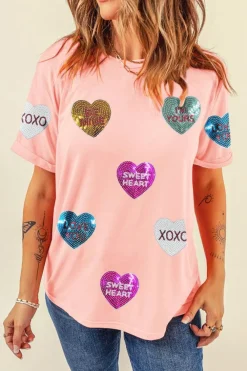 Hot Dear-Lover Sequin Valentines Lettering Heart Patched Crewneck T Shirt Pink