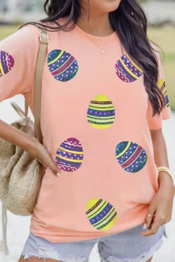 Best Dear-Lover Sequined Easter Egg Patched Print Holiday Tee Pink