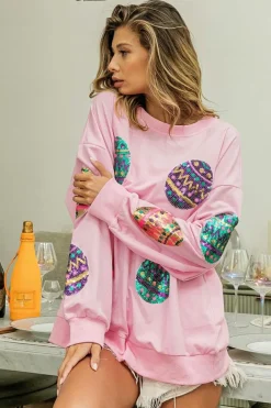 Hot Dear-Lover Sequined Easter Egg Drop Shoulder Oversized Sweatshirt Pink