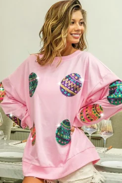 Hot Dear-Lover Sequined Easter Egg Drop Shoulder Oversized Sweatshirt Pink