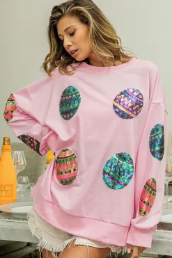 Hot Dear-Lover Sequined Easter Egg Drop Shoulder Oversized Sweatshirt Pink