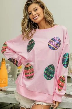 Hot Dear-Lover Sequined Easter Egg Drop Shoulder Oversized Sweatshirt Pink