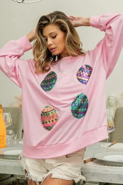 Hot Dear-Lover Sequined Easter Egg Drop Shoulder Oversized Sweatshirt Pink