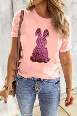 Online Dear-Lover Sequined Leopard Bunny Easter Graphic Tee Pink