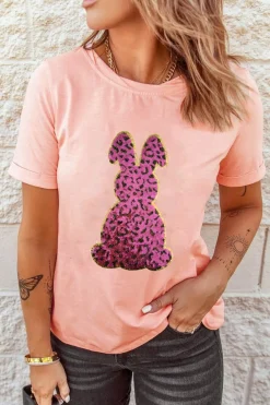 Online Dear-Lover Sequined Leopard Bunny Easter Graphic Tee Pink