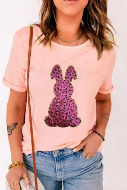 Online Dear-Lover Sequined Leopard Bunny Easter Graphic Tee Pink