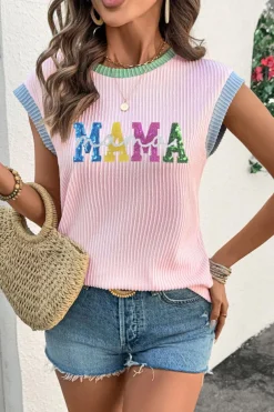 Clearance Dear-Lover Sequined MAMA Graphic Corded Rib Knit Colorblock T Shirt Pink