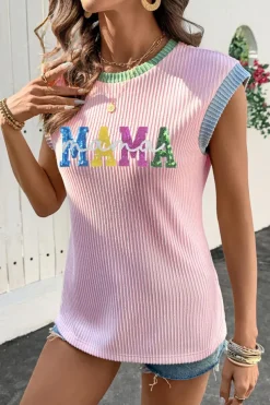 Clearance Dear-Lover Sequined MAMA Graphic Corded Rib Knit Colorblock T Shirt Pink