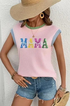Clearance Dear-Lover Sequined MAMA Graphic Corded Rib Knit Colorblock T Shirt Pink