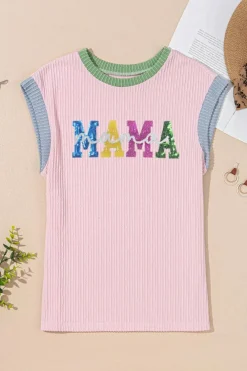 Clearance Dear-Lover Sequined MAMA Graphic Corded Rib Knit Colorblock T Shirt Pink
