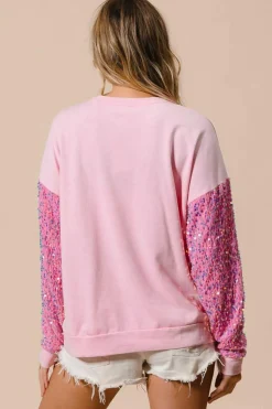 Clearance Dear-Lover Sequined Santa Claus Long Sleeve Christmas Sweatshirt Pink