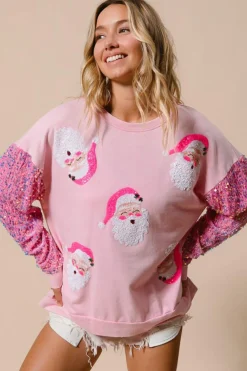 Clearance Dear-Lover Sequined Santa Claus Long Sleeve Christmas Sweatshirt Pink