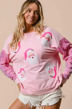 Clearance Dear-Lover Sequined Santa Claus Long Sleeve Christmas Sweatshirt Pink