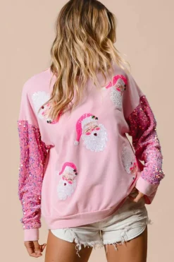 Clearance Dear-Lover Sequined Santa Claus Long Sleeve Christmas Sweatshirt Pink