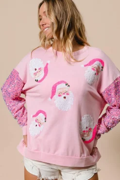 Clearance Dear-Lover Sequined Santa Claus Long Sleeve Christmas Sweatshirt Pink