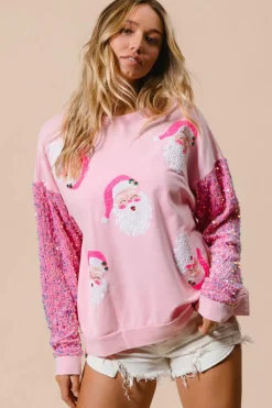 Clearance Dear-Lover Sequined Santa Claus Long Sleeve Christmas Sweatshirt Pink