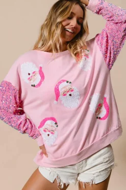 Clearance Dear-Lover Sequined Santa Claus Long Sleeve Christmas Sweatshirt Pink