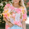 Sale Dear-Lover Shirred Cuff 3/4 Sleeve Loose Fit Floral Blouse Pink