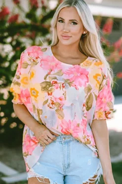 Sale Dear-Lover Shirred Cuff 3/4 Sleeve Loose Fit Floral Blouse Pink