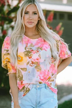 Sale Dear-Lover Shirred Cuff 3/4 Sleeve Loose Fit Floral Blouse Pink