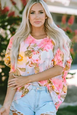 Sale Dear-Lover Shirred Cuff 3/4 Sleeve Loose Fit Floral Blouse Pink