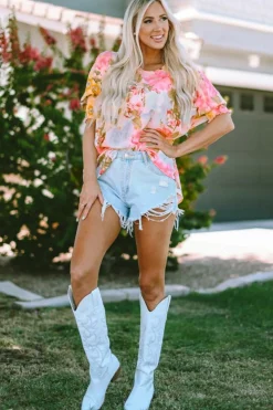 Sale Dear-Lover Shirred Cuff 3/4 Sleeve Loose Fit Floral Blouse Pink