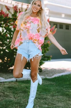 Sale Dear-Lover Shirred Cuff 3/4 Sleeve Loose Fit Floral Blouse Pink