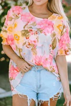 Sale Dear-Lover Shirred Cuff 3/4 Sleeve Loose Fit Floral Blouse Pink