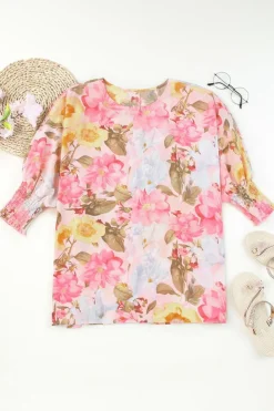 Sale Dear-Lover Shirred Cuff 3/4 Sleeve Loose Fit Floral Blouse Pink